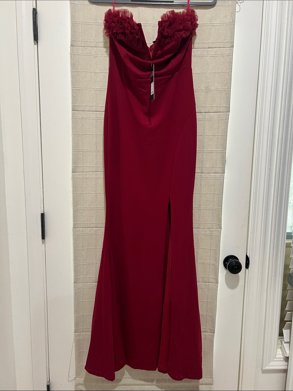 Strapless Burgundy Evening Gown with Ruffle Bodice